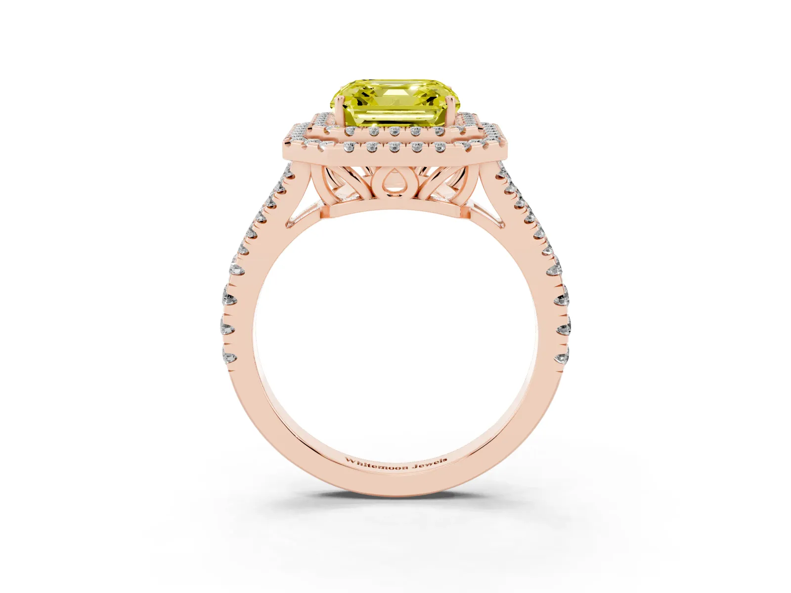 Fancy Yellow Asscher Cut Diamond Double Halo Ring with Pavé Band and Prong Setting Rose gold
