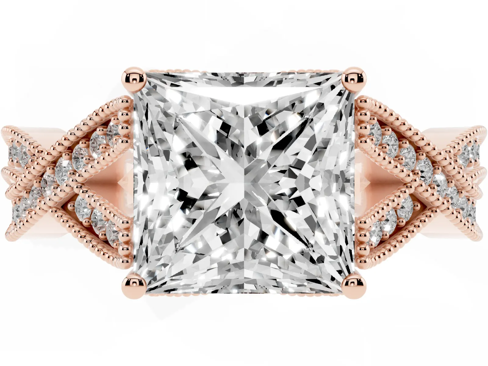 Princess Cut Cut Diamond Twisted Band with Milgrain Pave Setting and Four-Prong Setting Rose gold