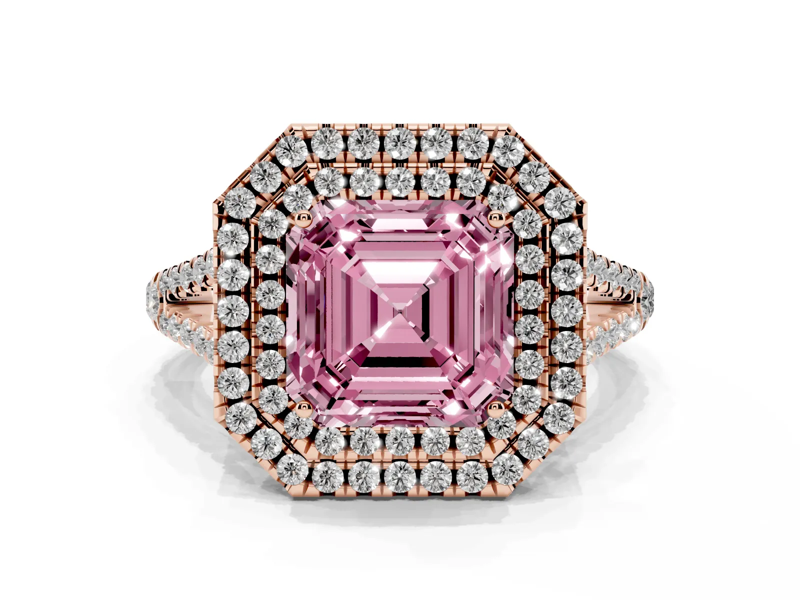 Fancy Pink Asscher Cut Diamond Double Halo Ring with Pavé Band and Prong Setting Rose gold