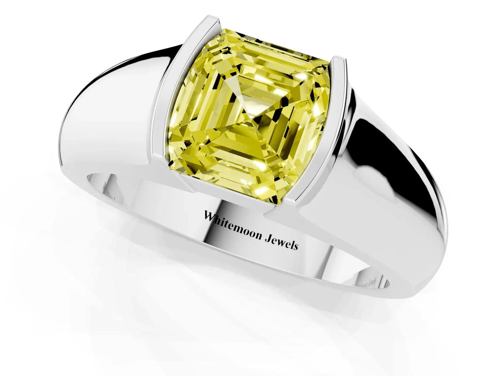 Fancy Yellow Asscher Cut Solitaire Bezel Set Diamond Ring with Wide Band Platinum