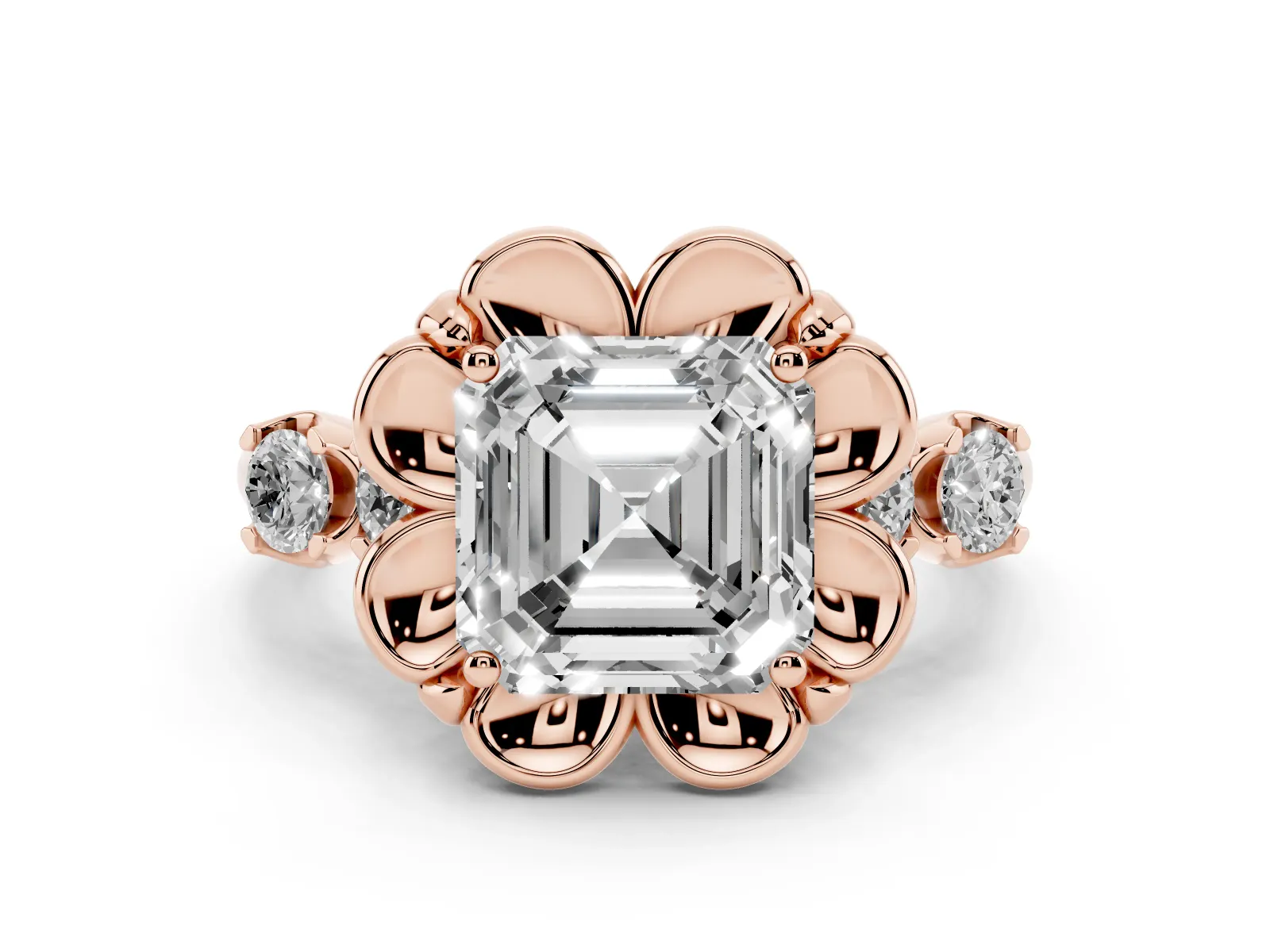 Asscher Cut Cut Diamond Floral Halo Engagement Ring with Shared Prong Setting Rose gold