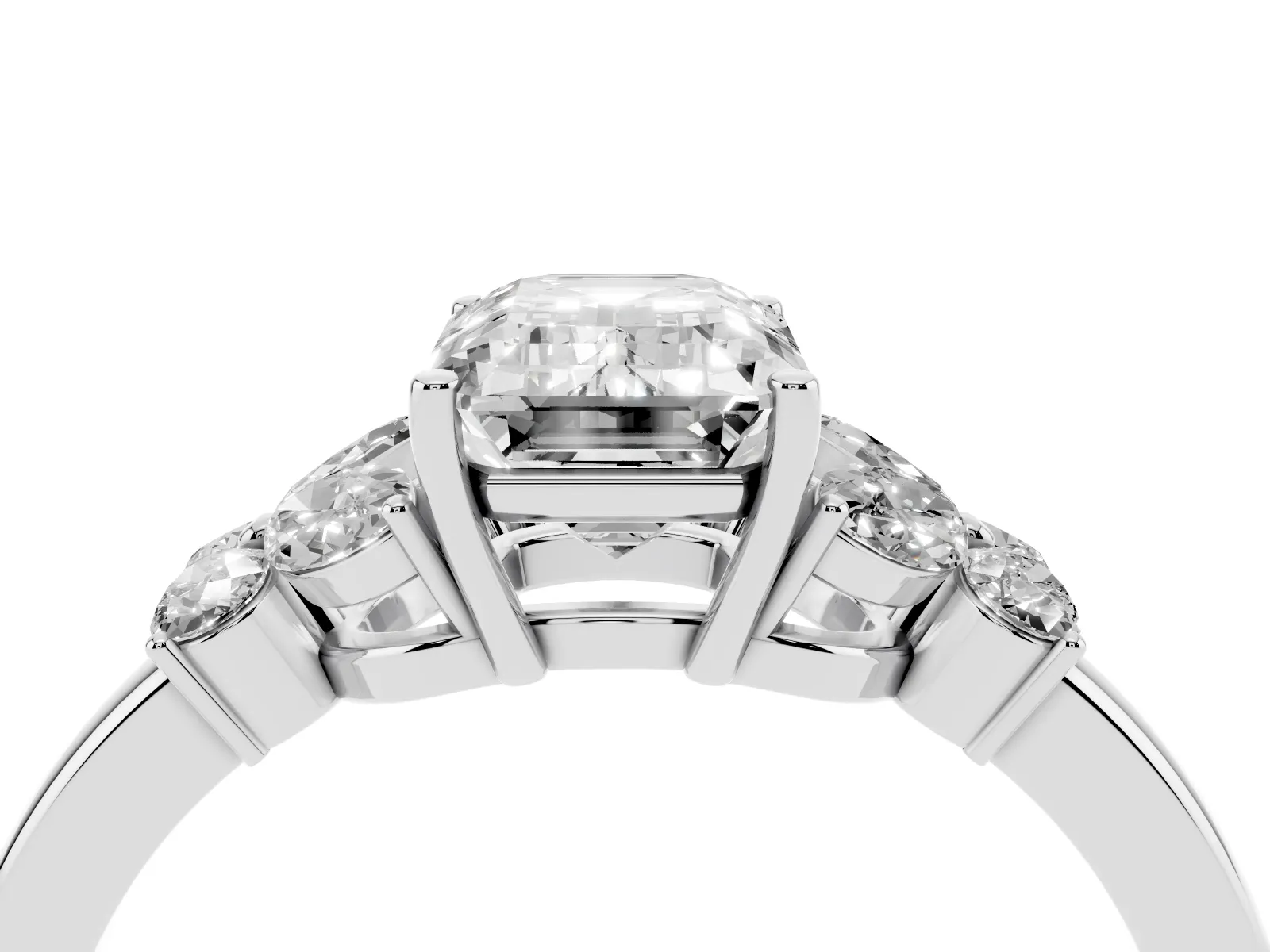 Emerald Cut Cut Solitaire Floral Diamond Ring with Four-Prong Setting Platinum