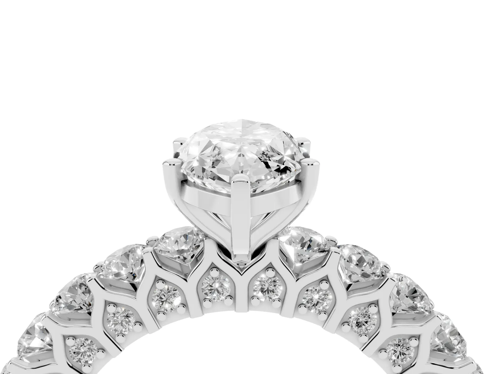 Marquise Cut Diamond Solitaire Ring with Shared Prong Pavé Band and Four-Prong Setting White gold