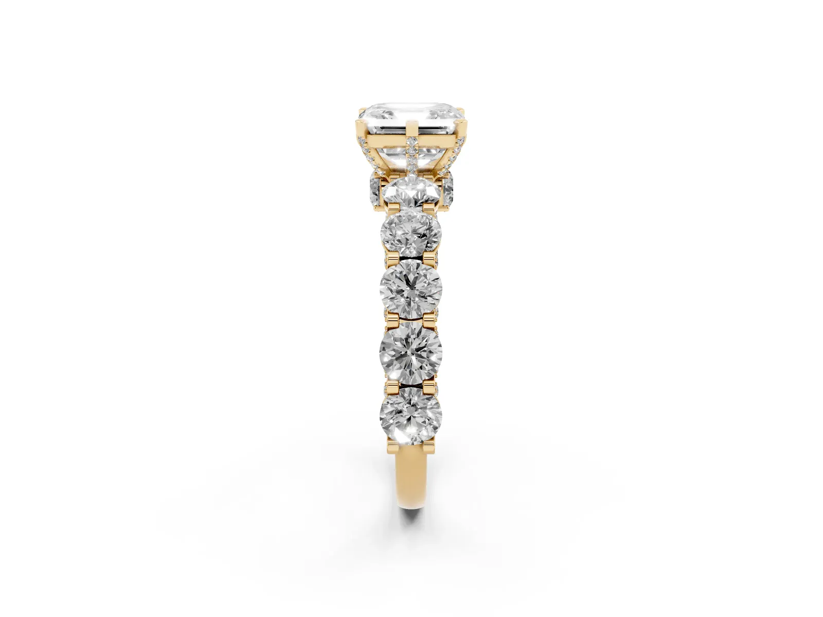 Asscher Cut Diamond Side Stone Engagement Ring with Four-Prong Setting Yellow gold