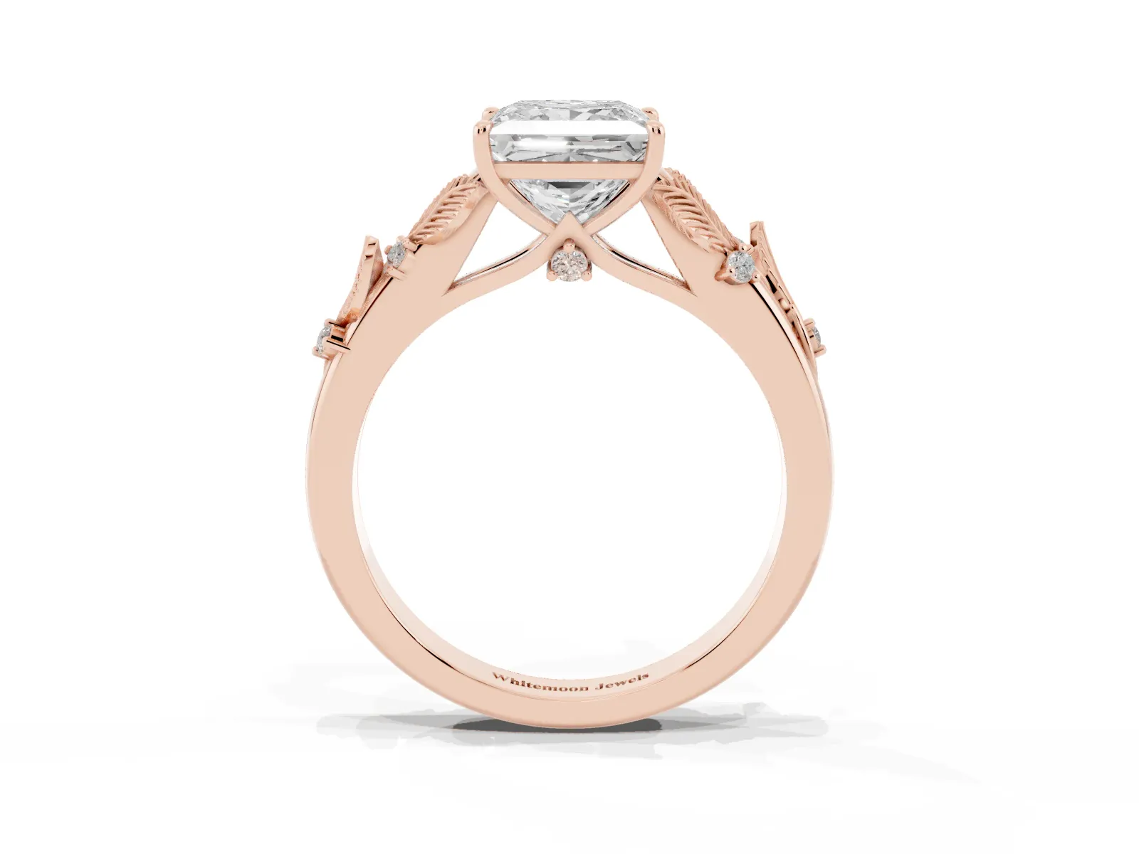 Princess Cut Diamond Solitaire Ring with Leaf Motif Band and Four-Prong Setting Rose gold