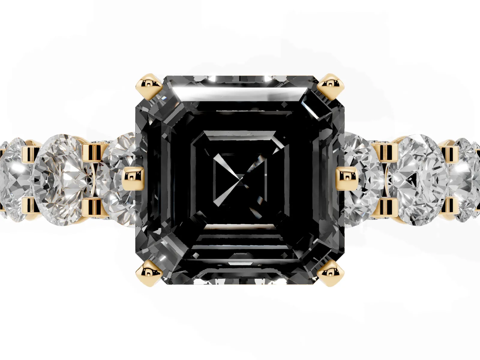 Fancy Black Asscher Cut Diamond Side Stone Engagement Ring with Four-Prong Setting Yellow gold