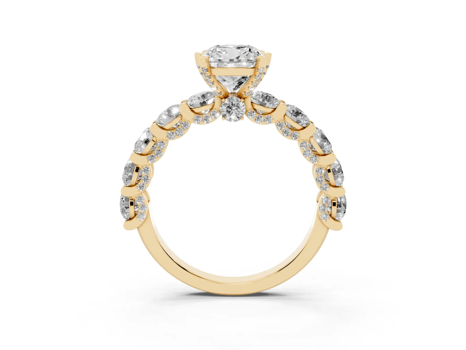 Cushion Cut Diamond Side Stone Engagement Ring with Four-Prong Setting Yellow gold