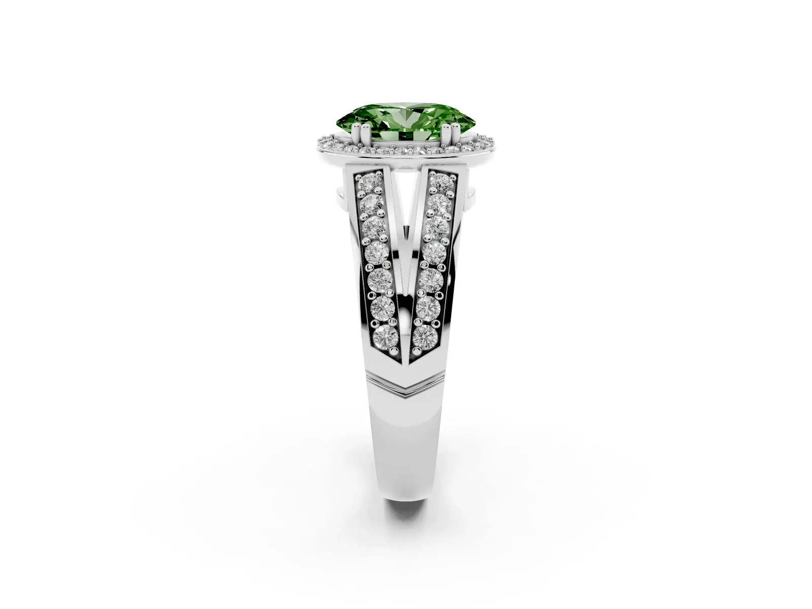 Fancy Green Oval Cut Diamond Halo Ring with Split Shank Pavé Band and Four-Prong Setting White gold