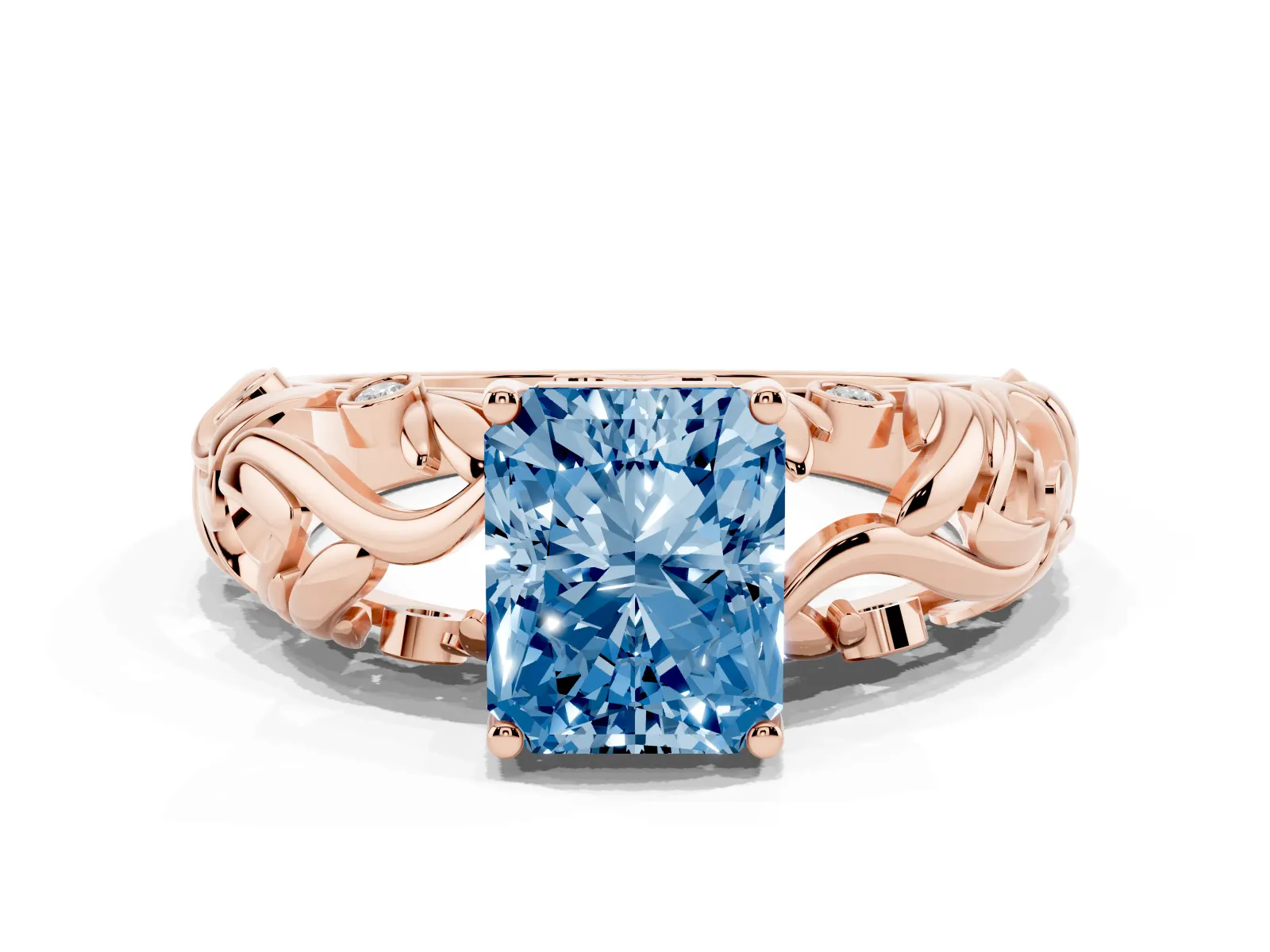 Fancy Blue Radiant Cut Solitaire Diamond Leaf-Inspired Vine Band Ring with Prong Setting Rose gold