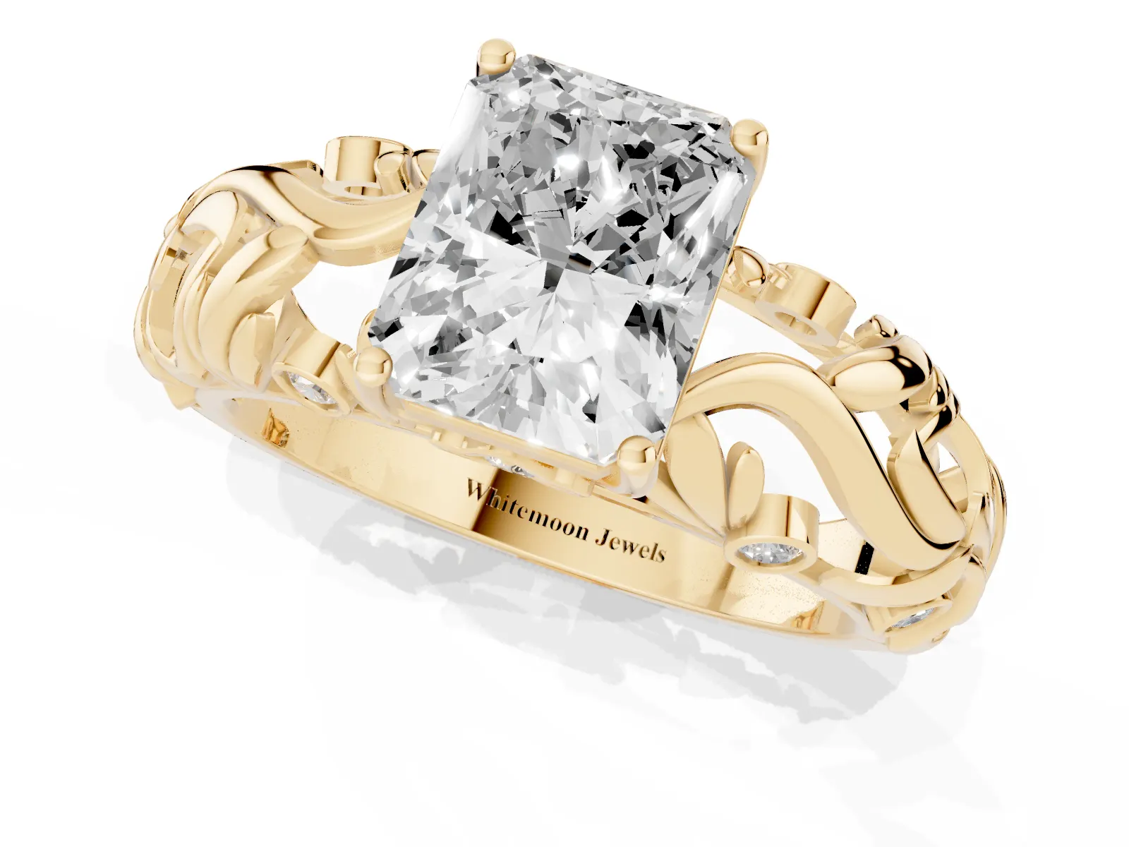 Radiant Cut Solitaire Diamond Leaf-Inspired Vine Band Ring with Prong Setting Yellow gold