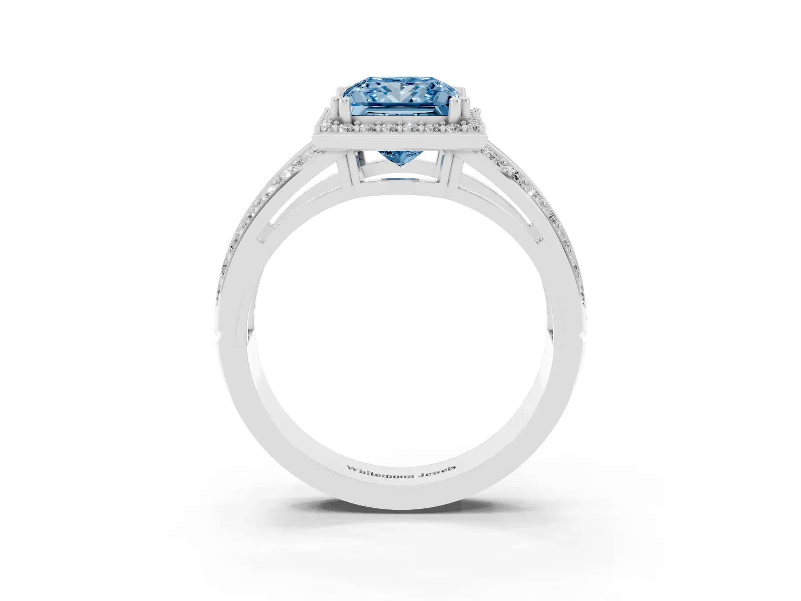 Fancy Blue Princess Cut Diamond Halo Ring with Split Shank Pavé Band and Four-Prong Setting Platinum
