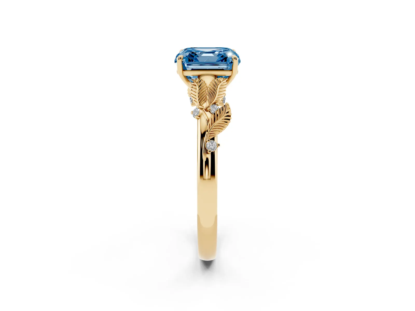 Fancy Blue Asscher Cut Diamond Solitaire Ring with Leaf Motif Band and Four-Prong Setting Yellow gold