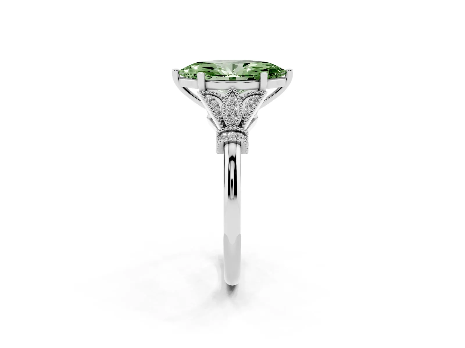 Fancy Green Marquise Cut Diamond Solitaire Ring with Floral Filigree and Pave Accents Platinum