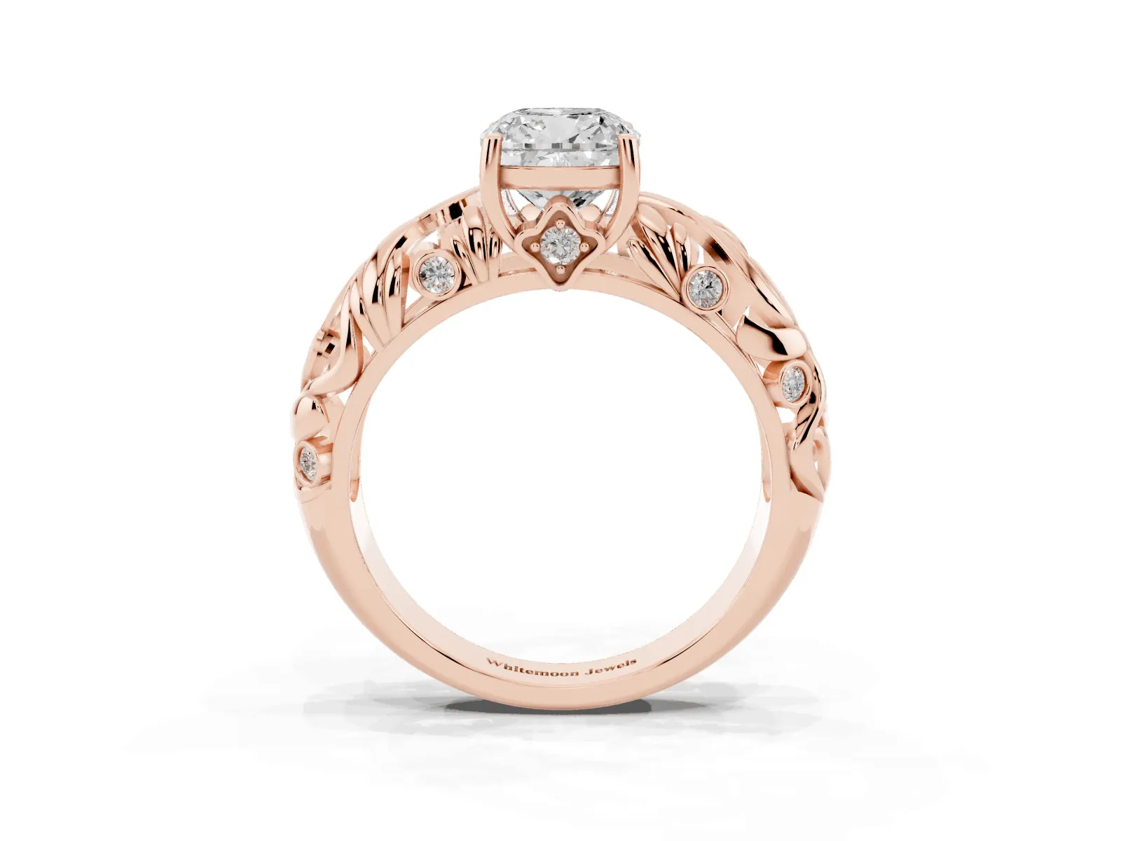 Cushion Cut Solitaire Diamond Leaf-Inspired Vine Band Ring with Prong Setting Rose gold