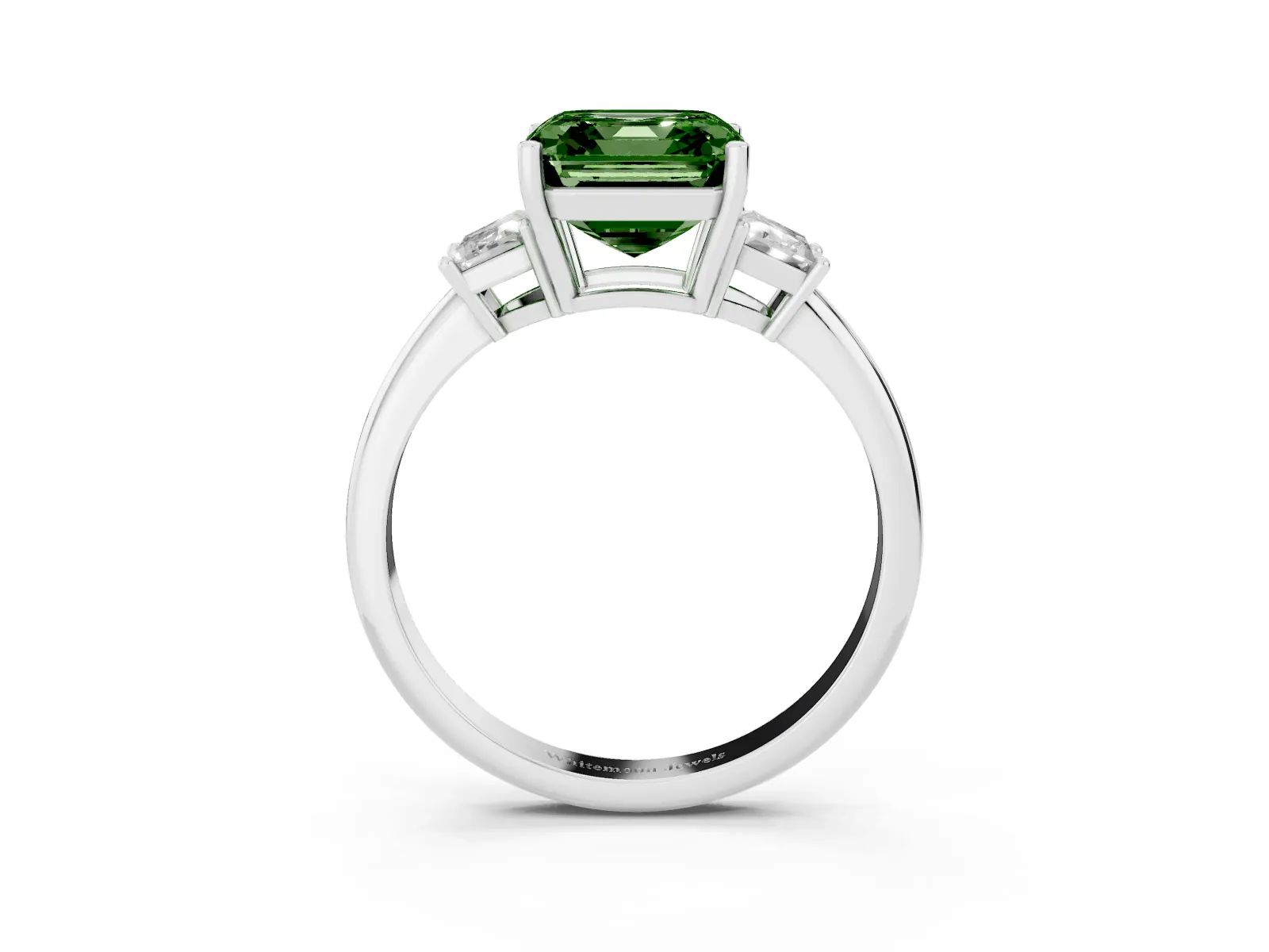 Fancy Green Asscher Cut Diamond Three-Stone Ring with Trapezoid Side Stones and Prong Setting White gold