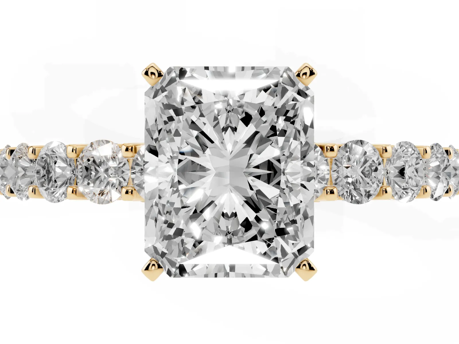 Radiant Cut Diamond Solitaire Ring with Shared Prong Pavé Band and Four-Prong Setting Yellow gold