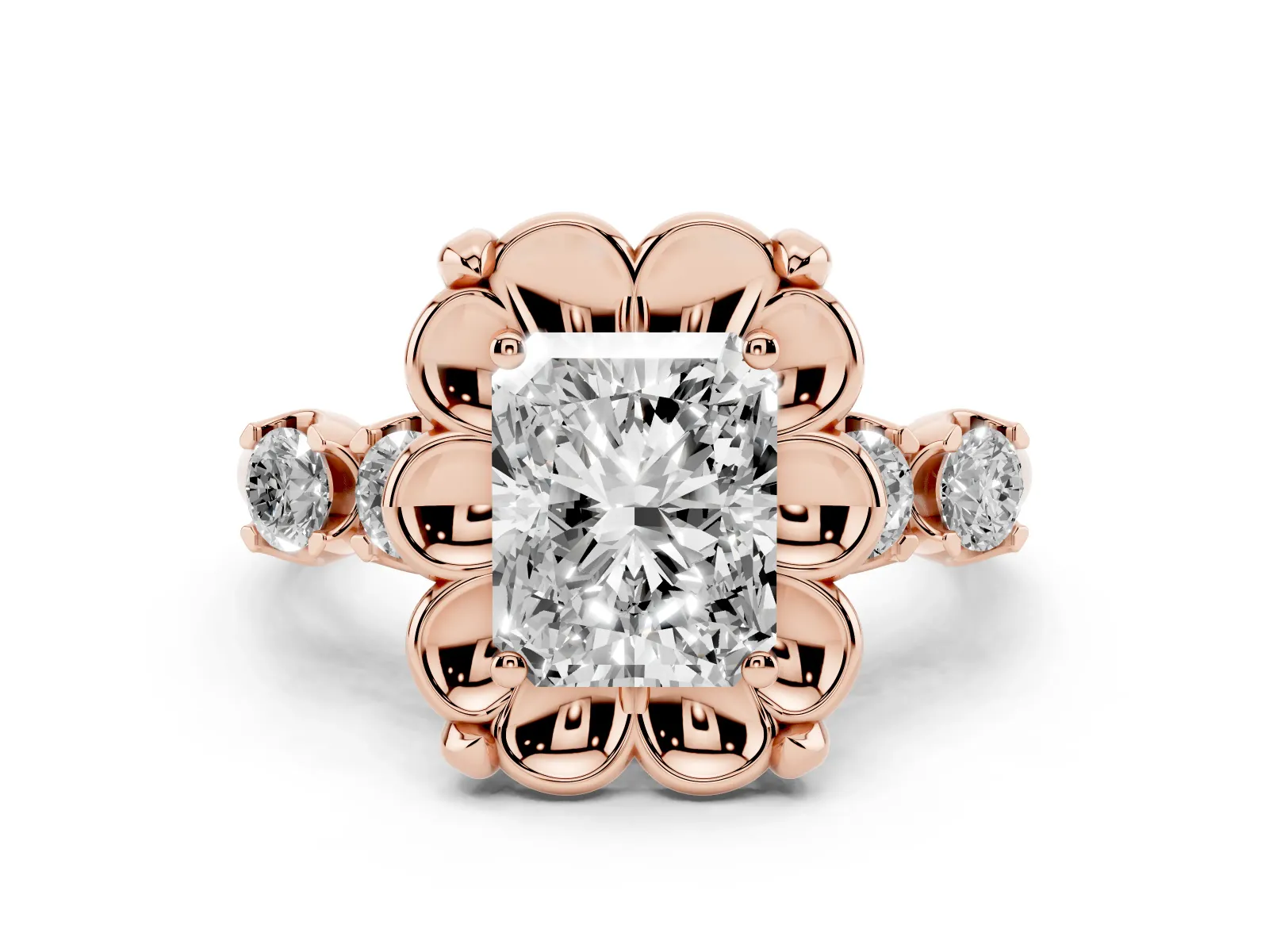 Radiant Cut Cut Diamond Floral Halo Engagement Ring with Shared Prong Setting Rose gold