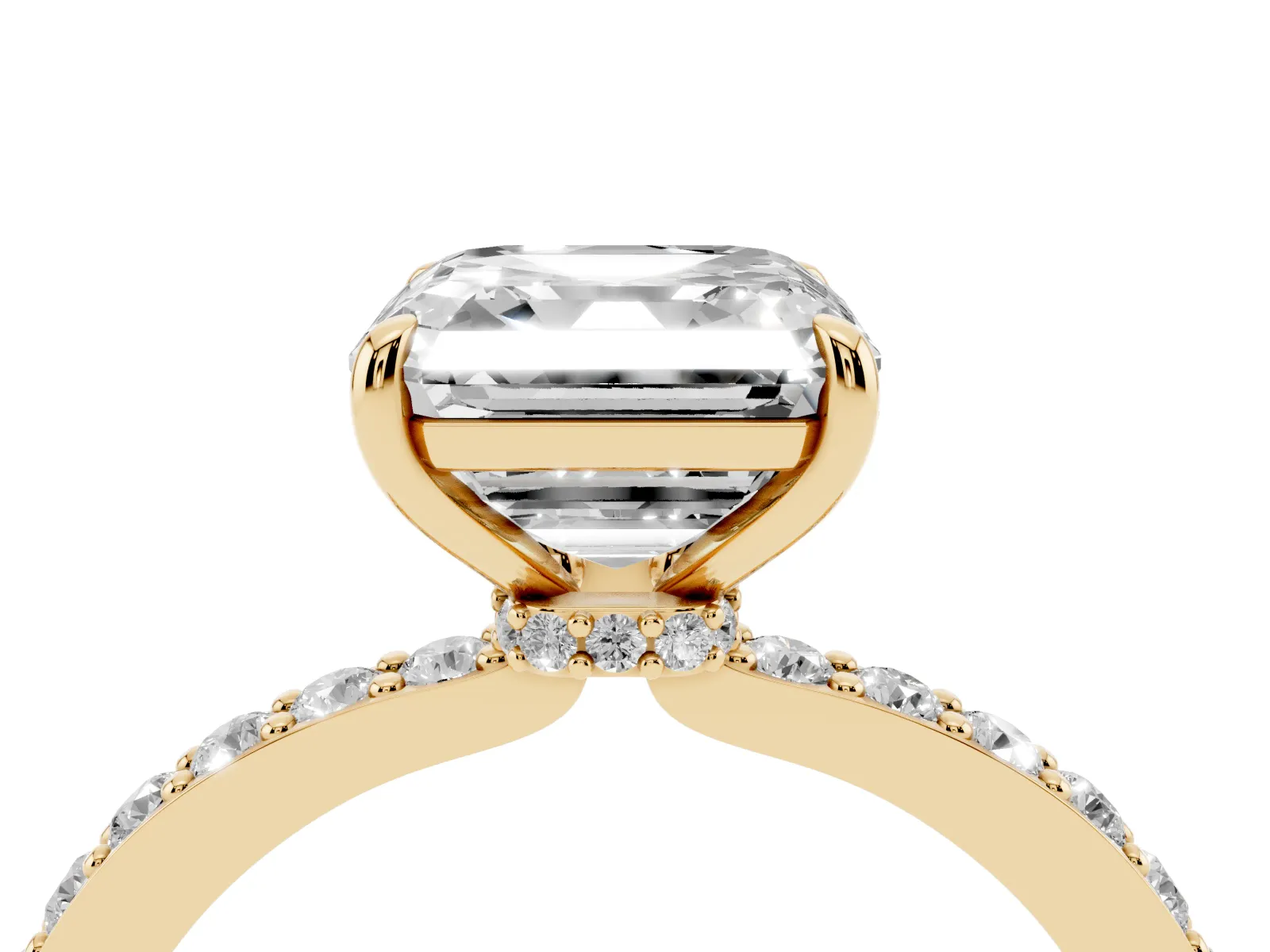 Asscher Cut Diamond Solitaire Engagement Ring with Pavé Band and Four-Prong Setting Yellow gold