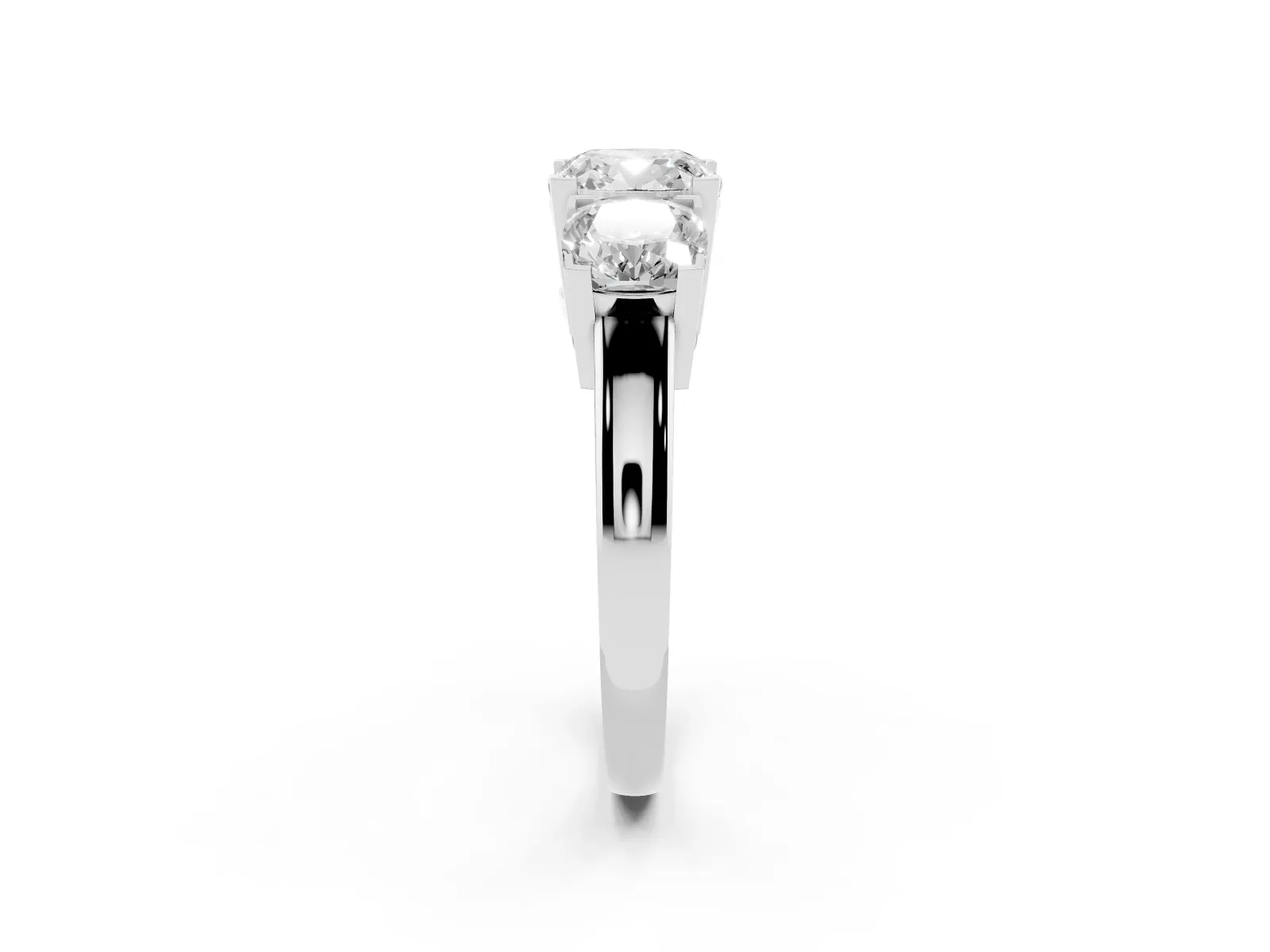 Three-Stone Cushion Cut Cut Diamond Ring with Channel Set Band and Four-Prong Setting Platinum