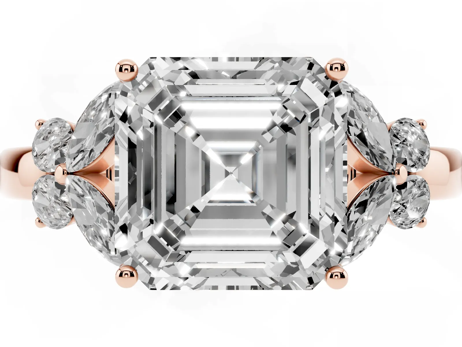 Asscher Cut Cut Solitaire Floral Diamond Ring with Four-Prong Setting Rose gold