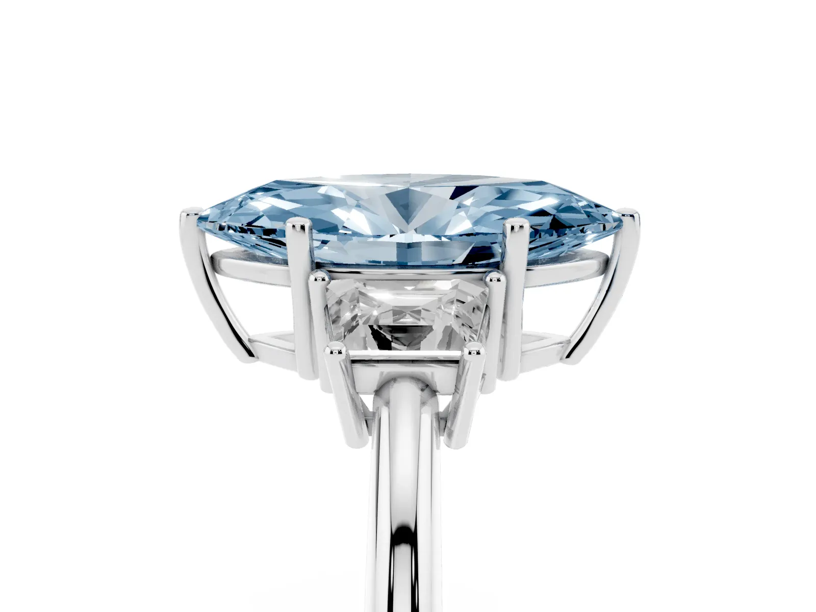 Fancy Blue Marquise Cut Diamond Three-Stone Ring with Trapezoid Side Stones and Prong Setting Platinum