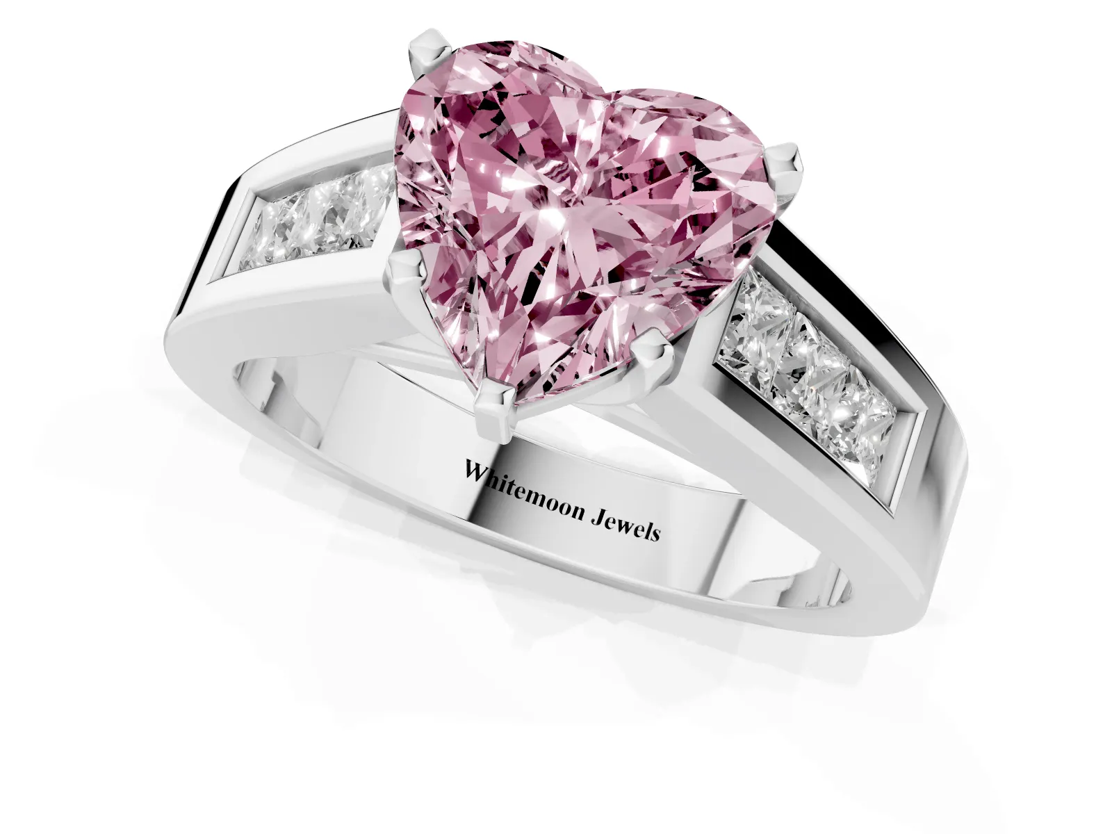 Fancy Pink Heart Cut Cut Channel Set Solitaire Ring with Four-Prong Setting White gold