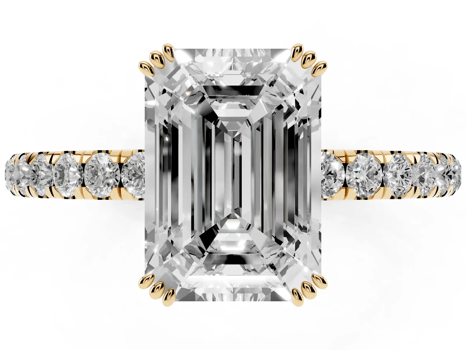 Emerald Cut Brilliant Solitaire with Pavé Band and Claw Prong Setting Yellow gold