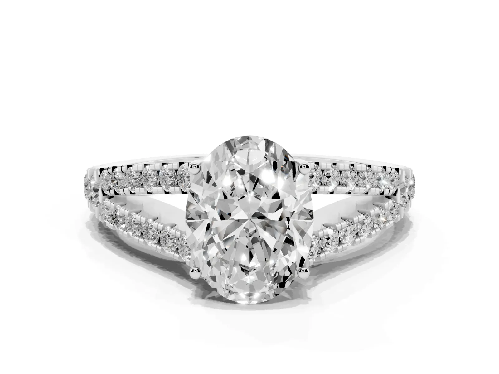 Oval Cut Diamond Split Shank Engagement Ring with Round Pavé and Prong Setting White gold