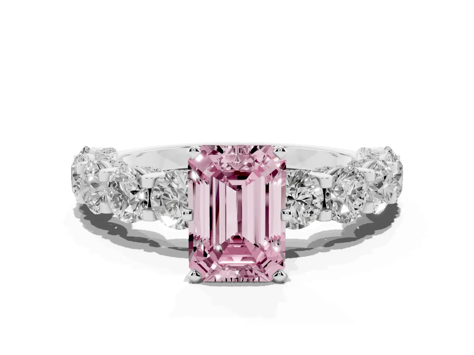 Fancy Pink Emerald Cut Diamond Side Stone Engagement Ring with Four-Prong Setting Platinum