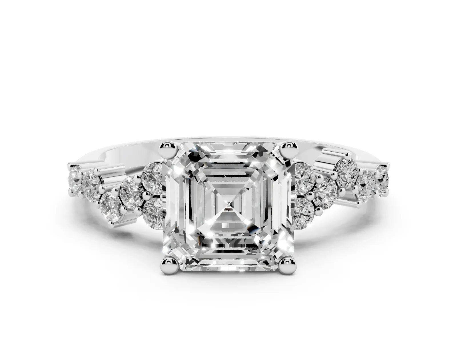 Asscher Cut Diamond Scattered Round Accent Ring with Prong Setting Silver