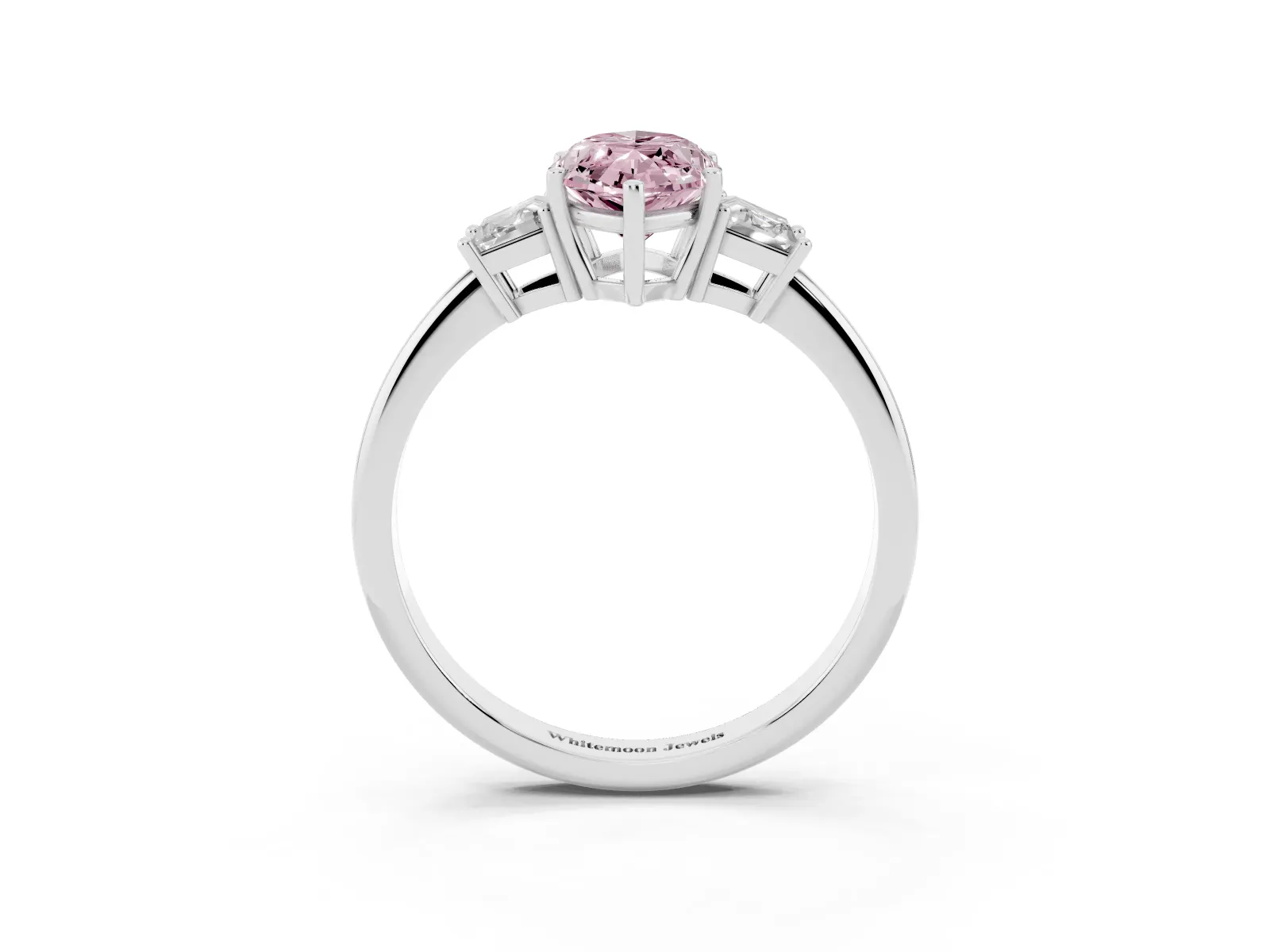 Fancy Pink Marquise Cut Diamond Three-Stone Ring with Trapezoid Side Stones and Prong Setting Platinum