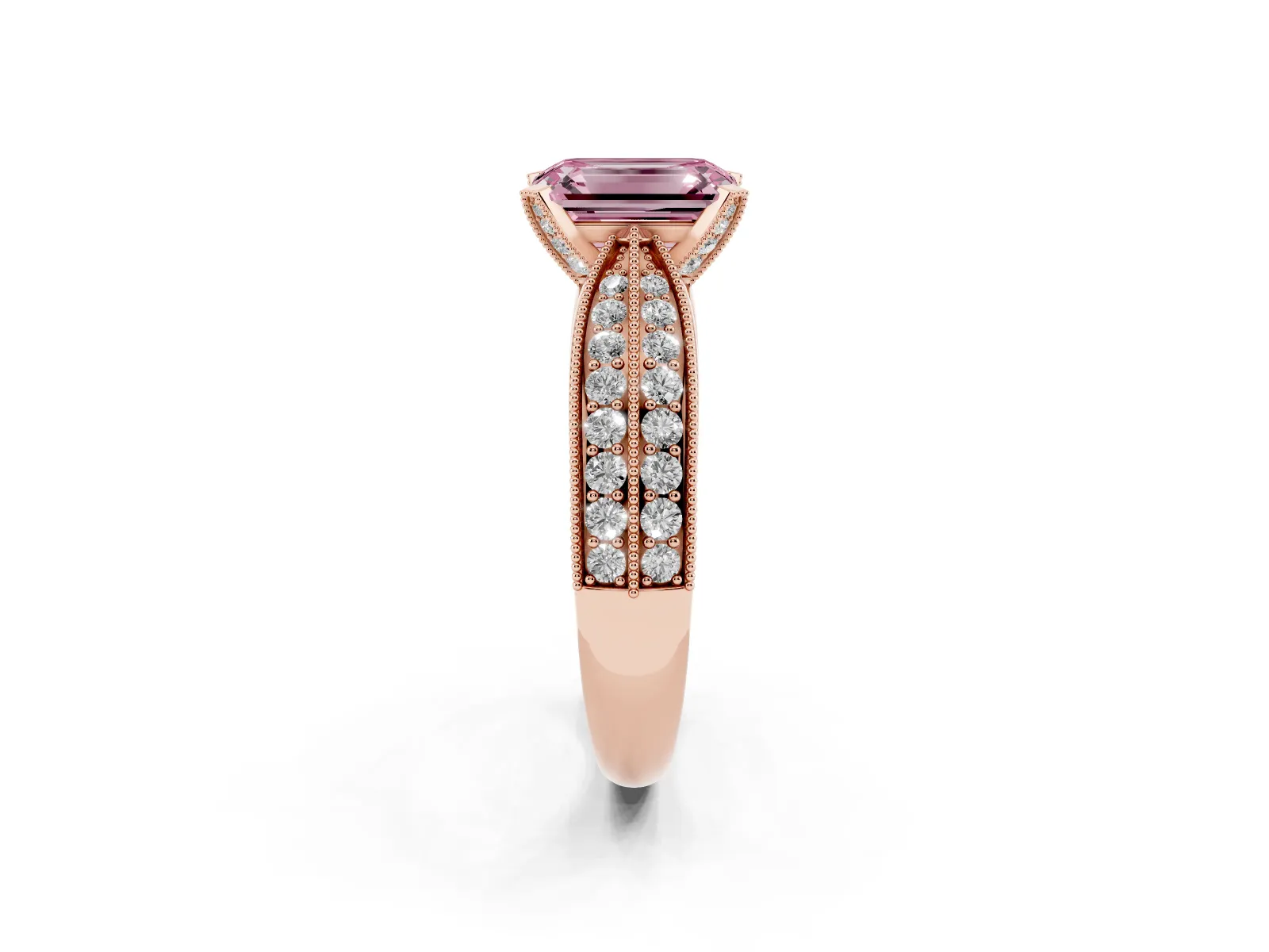 Fancy Pink Emerald Cut Diamond Solitaire Ring with Milgrain Round Pavé Band and Prong Setting Rose gold