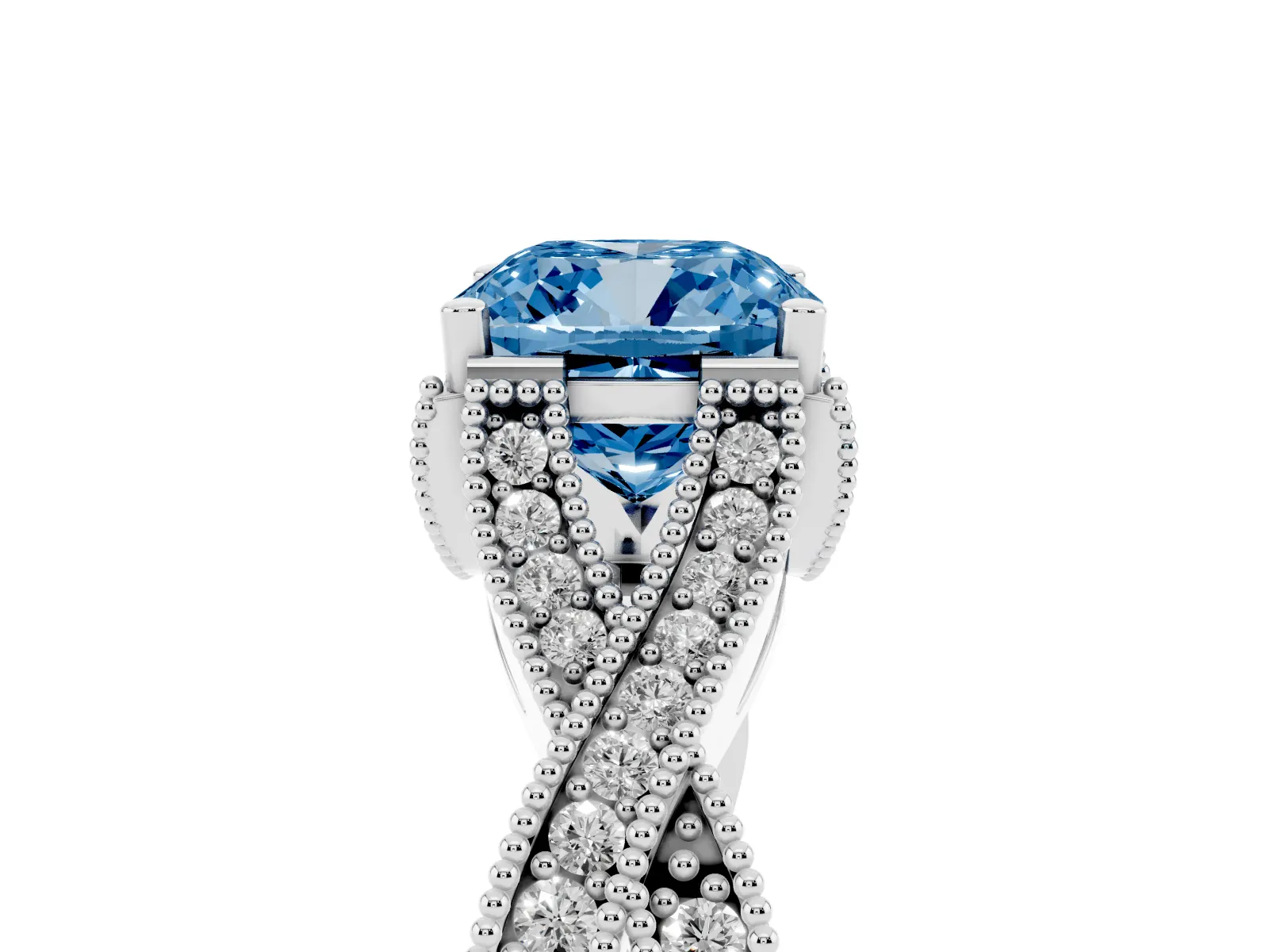 Fancy Blue Cushion Cut Cut Diamond Twisted Band with Milgrain Pave Setting and Four-Prong Setting Platinum