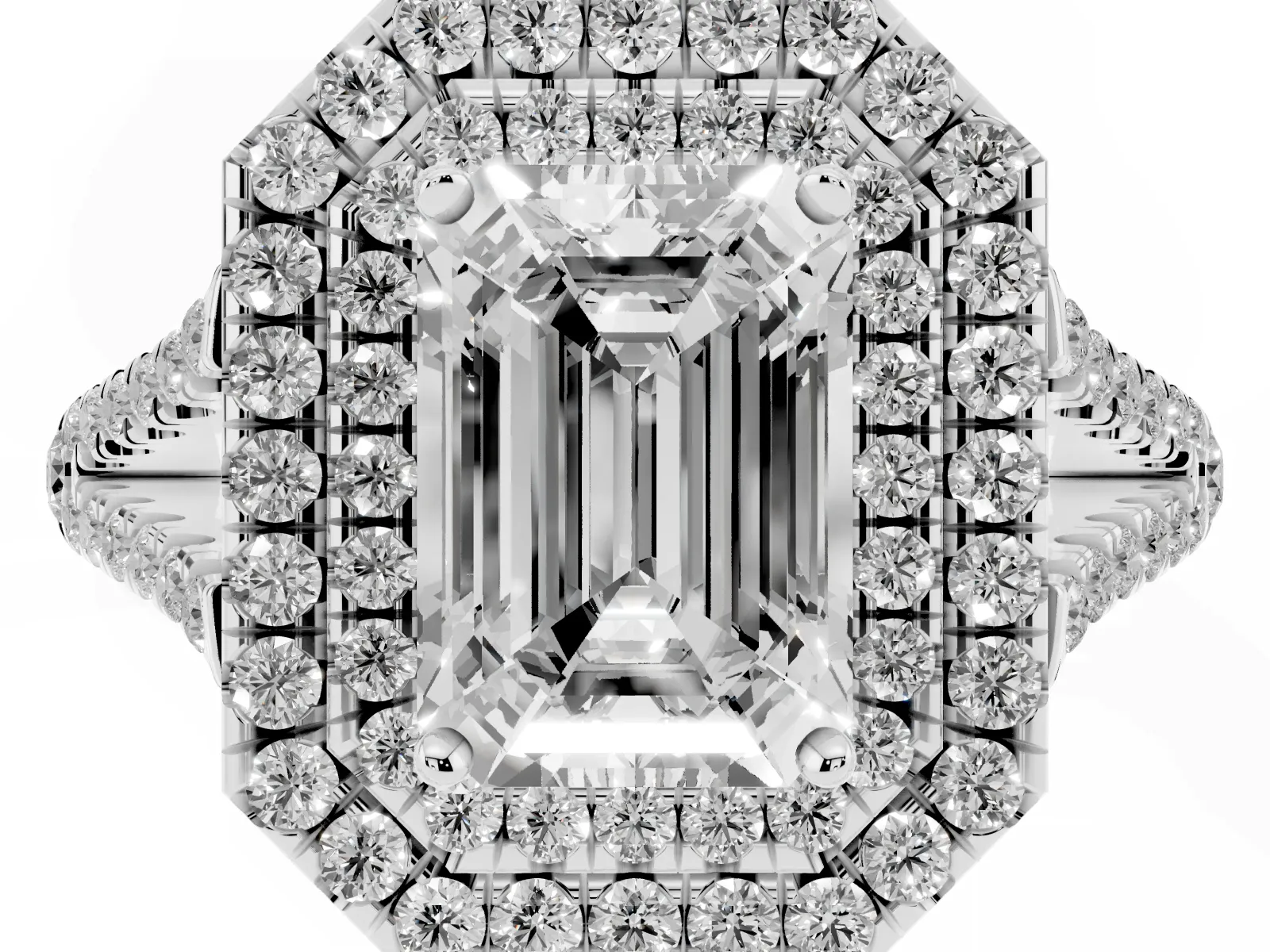 Emerald Cut Diamond Double Halo Ring with Pavé Band and Prong Setting Platinum