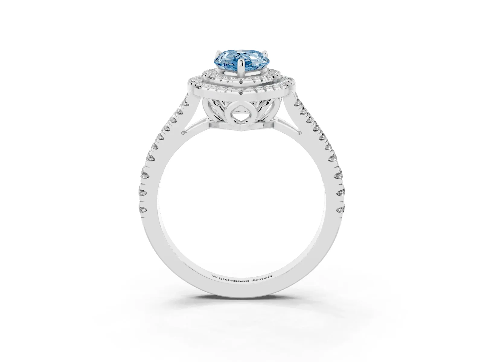 Fancy Blue Pear Cut Diamond Double Halo Ring with Pavé Band and Prong Setting Platinum
