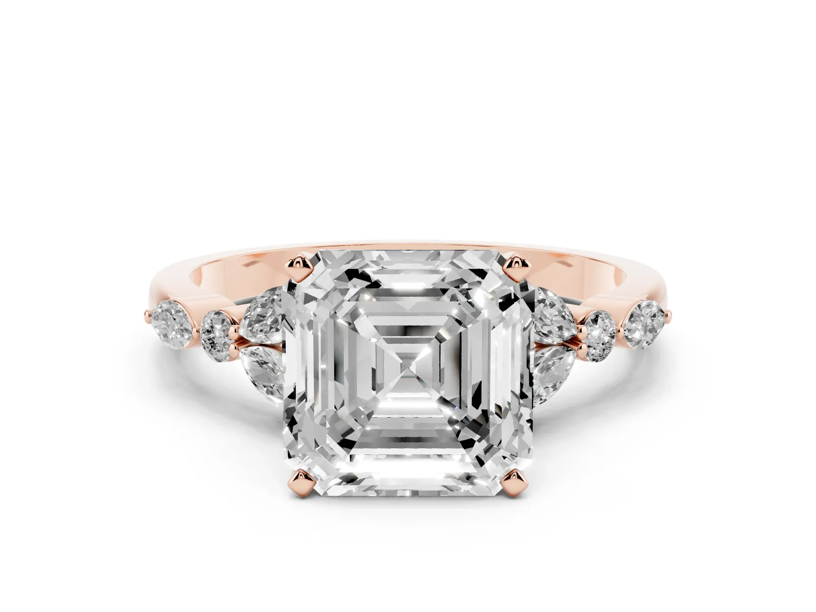 Asscher Cut Diamond Solitaire Ring with Side Stones and Four-Prong Setting Rose gold