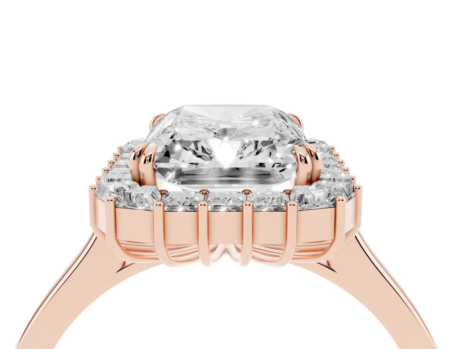 Radiant Diamond Baguette Halo Engagement Ring Rose gold