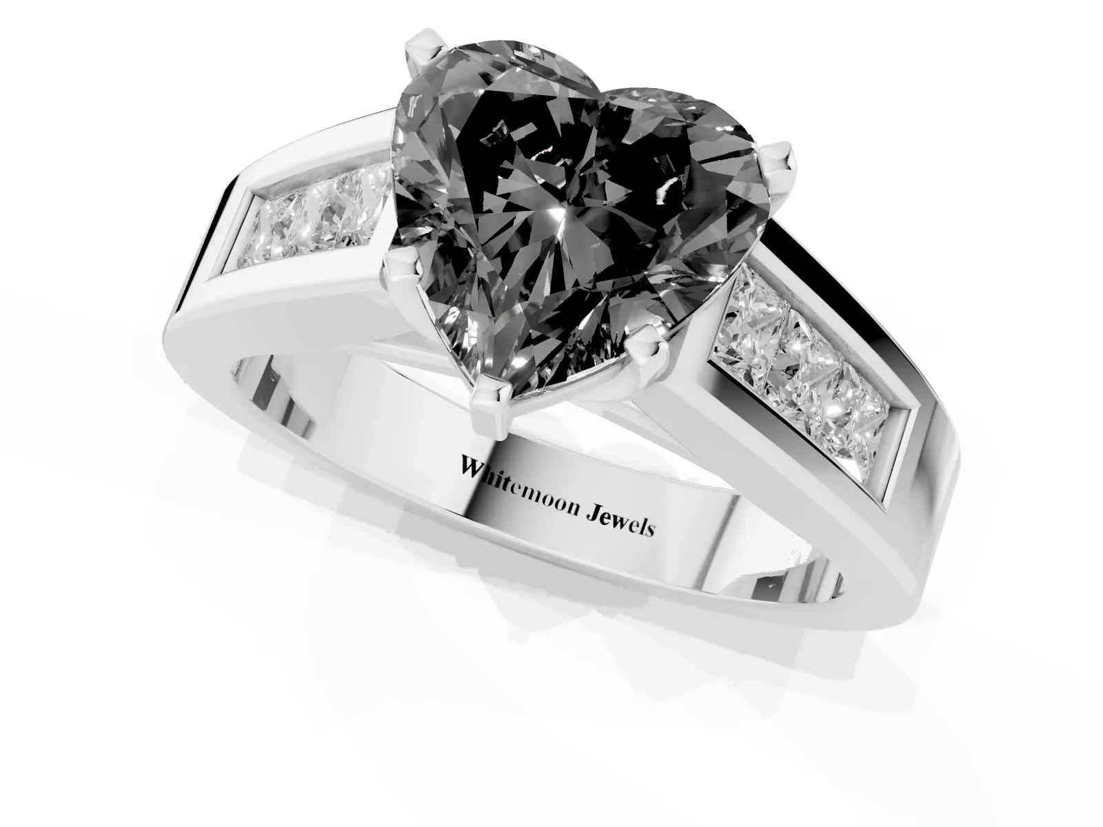 Fancy Black Heart Cut Cut Channel Set Solitaire Ring with Four-Prong Setting White gold