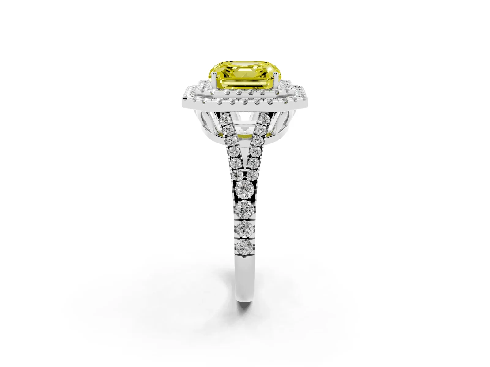Fancy Yellow Asscher Cut Diamond Double Halo Ring with Pavé Band and Prong Setting Platinum