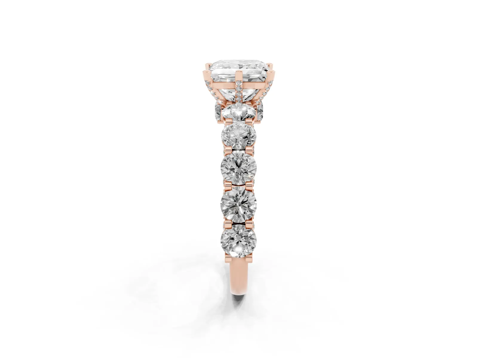 Princess Cut Diamond Side Stone Engagement Ring with Four-Prong Setting Rose gold