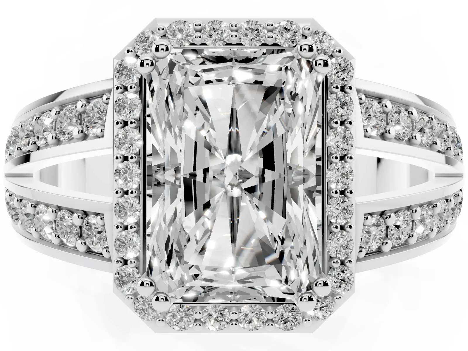 Radiant Cut Diamond Halo Ring with Split Shank Pavé Band and Four-Prong Setting White gold