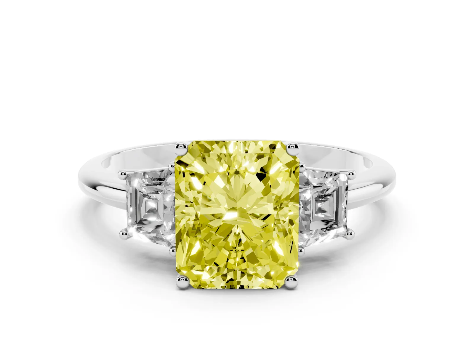 Fancy Yellow Radiant Cut Diamond Three-Stone Ring with Trapezoid Side Stones and Prong Setting Platinum
