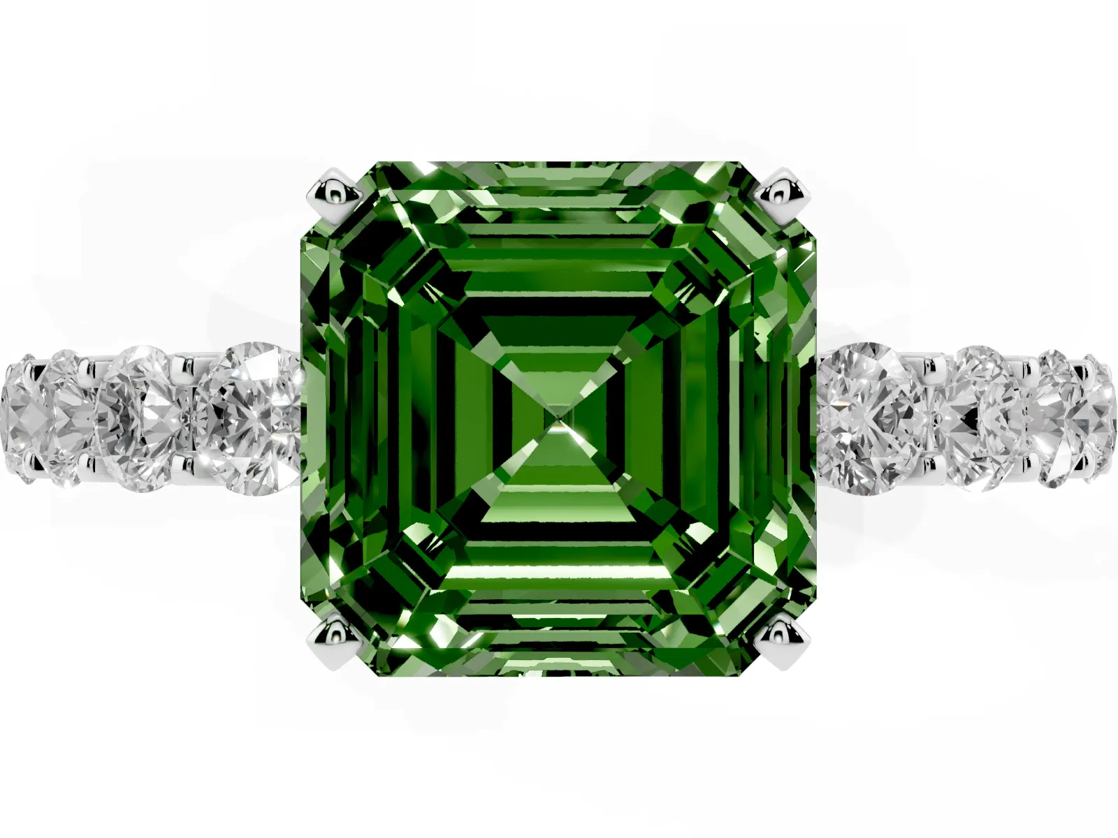 Fancy Green Asscher Cut Diamond Solitaire Ring with Shared Prong Pavé Band and Four-Prong Setting White gold