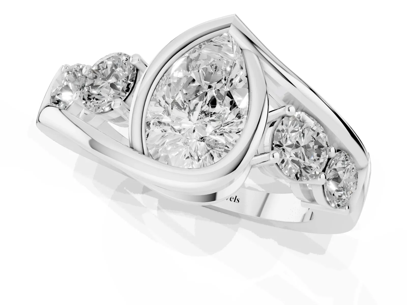 Bezel Set Pear Cut Diamond Bypass Ring with Round Accents White gold
