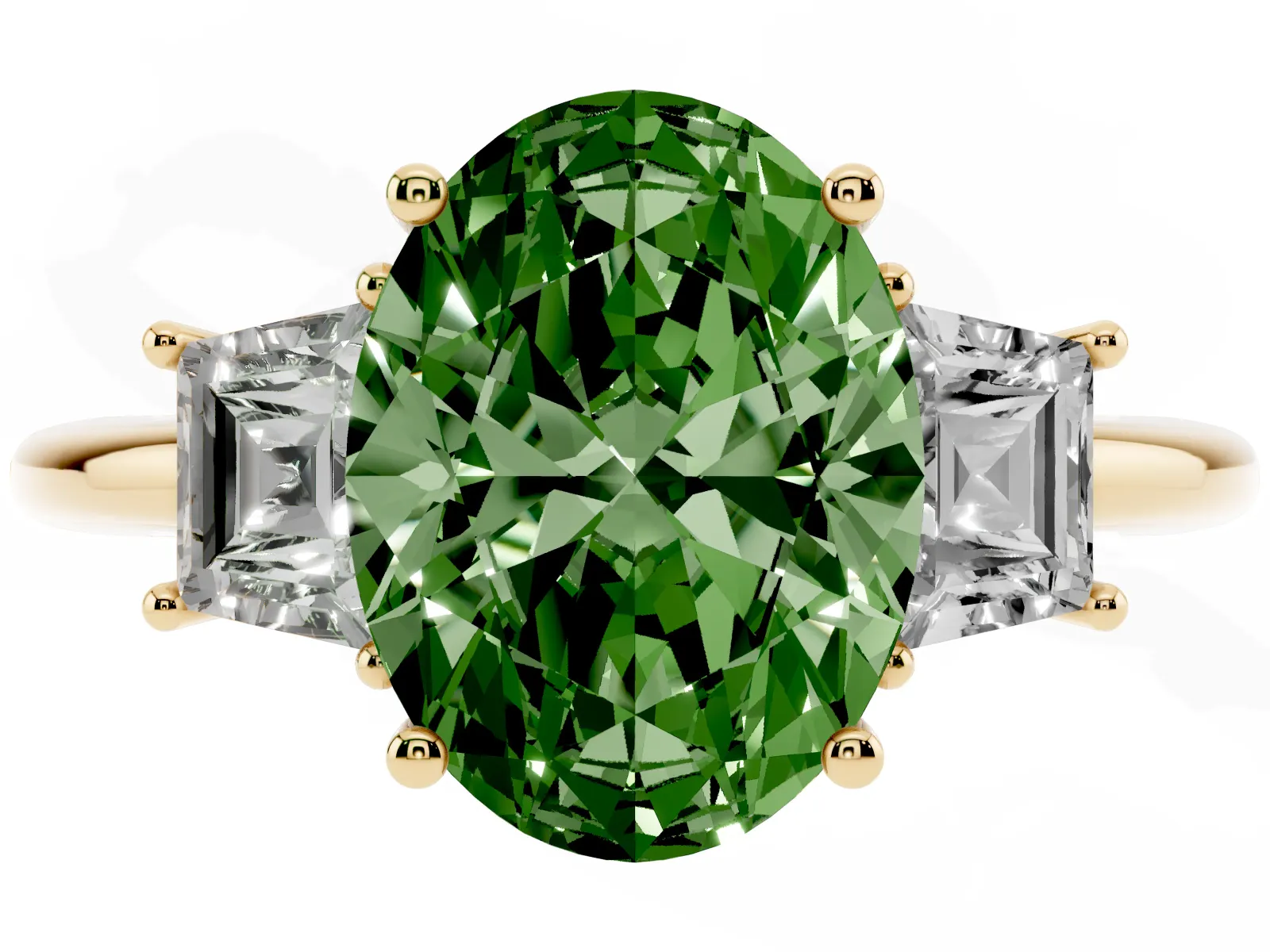 Fancy Green Oval Cut Diamond Three-Stone Ring with Trapezoid Side Stones and Prong Setting Yellow gold