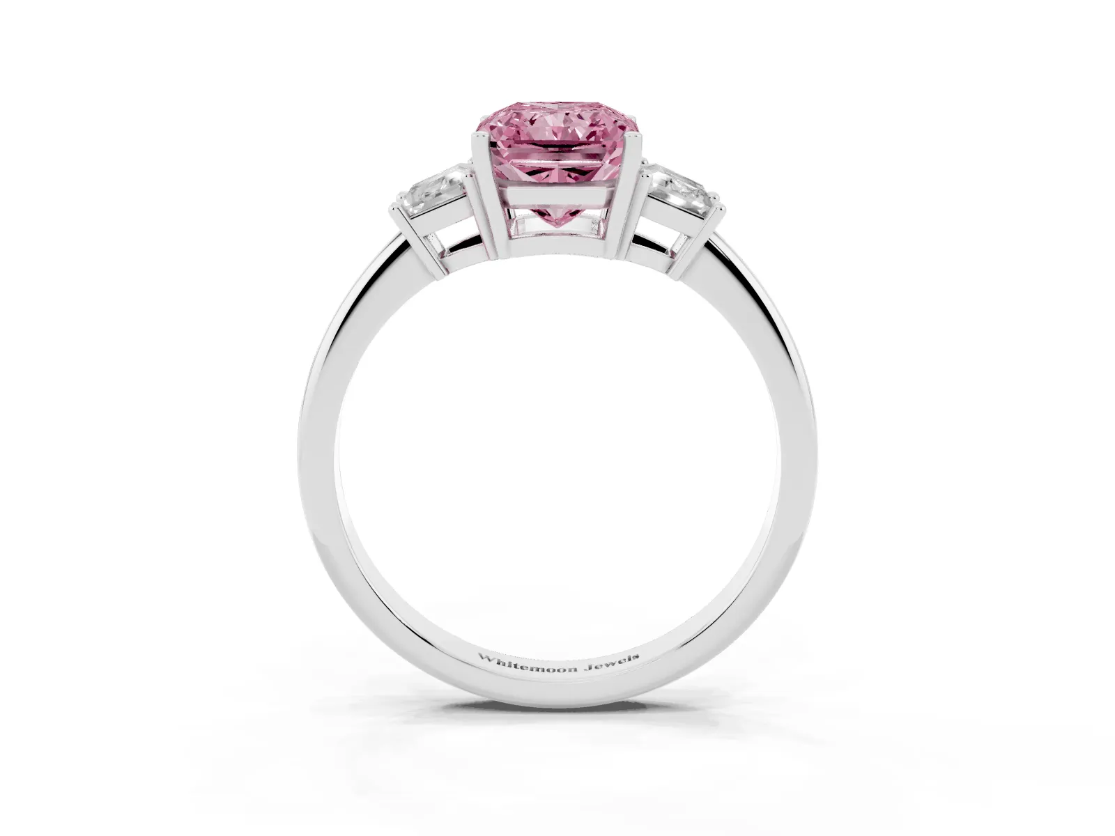 Fancy Pink Radiant Cut Diamond Three-Stone Ring with Trapezoid Side Stones and Prong Setting Platinum