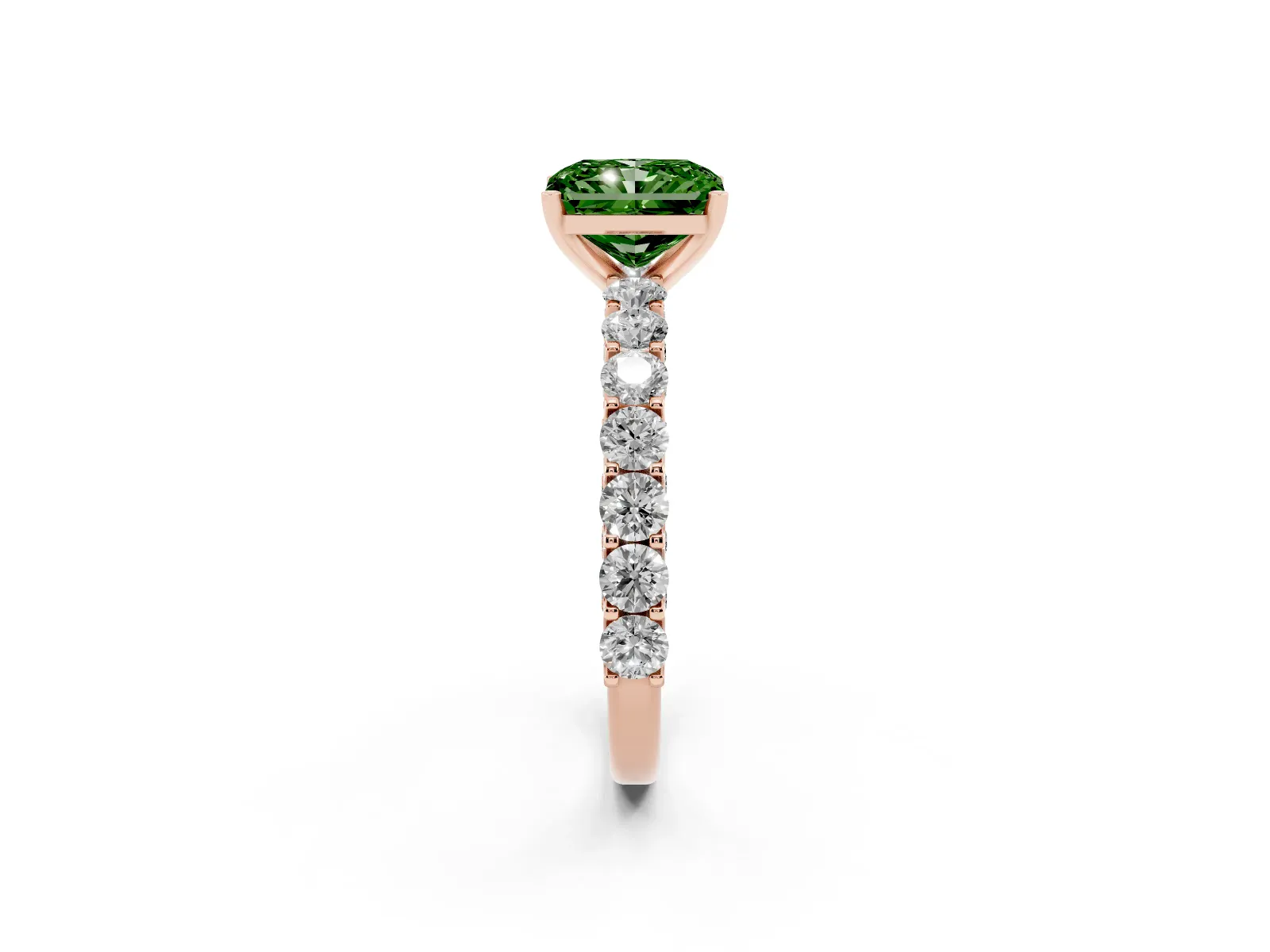 Fancy Green Radiant Cut Diamond Solitaire Ring with Shared Prong Pavé Band and Four-Prong Setting Rose gold