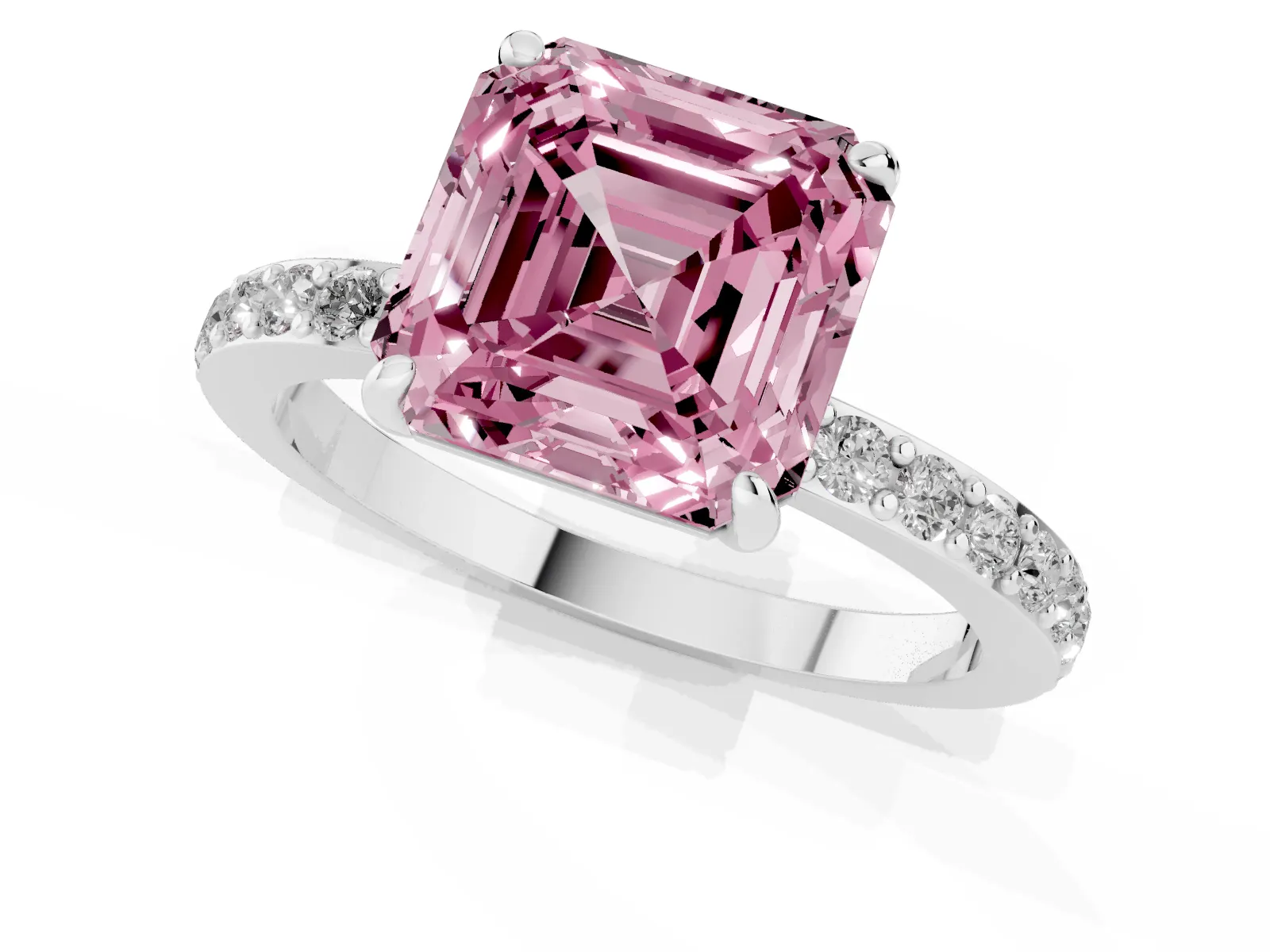 Fancy Pink Asscher Cut Diamond Solitaire Engagement Ring with Pavé Band and Four-Prong Setting White gold