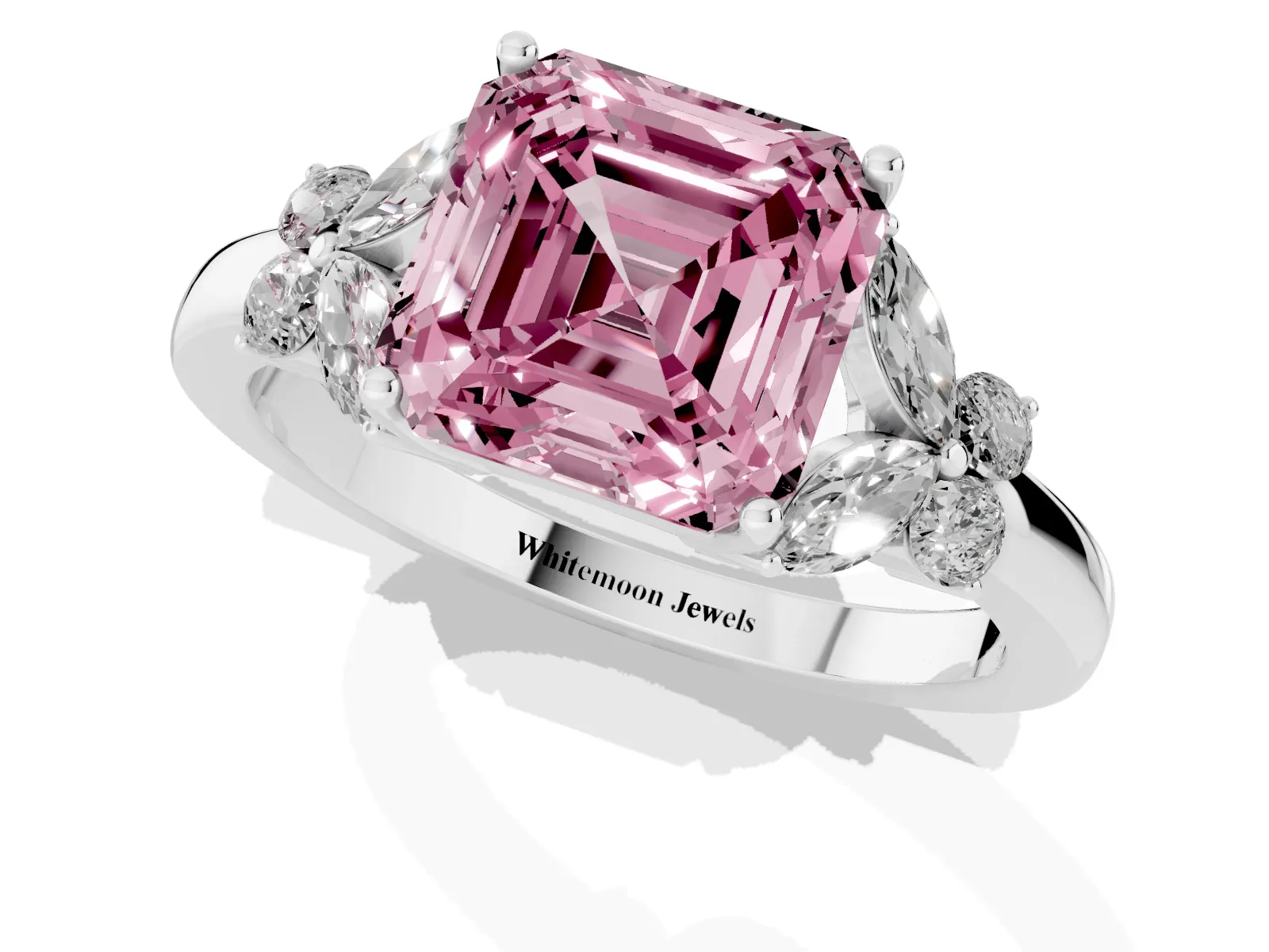 Fancy Pink Asscher Cut Cut Solitaire Floral Diamond Ring with Four-Prong Setting Platinum