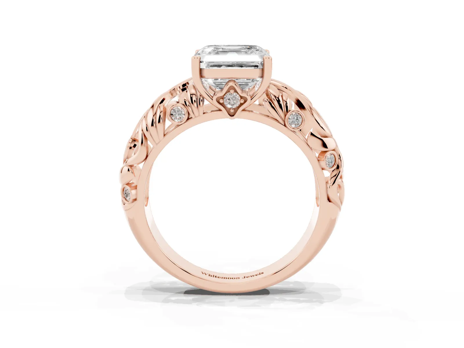 Asscher Cut Solitaire Diamond Leaf-Inspired Vine Band Ring with Prong Setting Rose gold